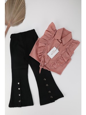 Siyah Ispanyol Paça Pantolon Somon Renk  Fırfırlı Gömlek Takım