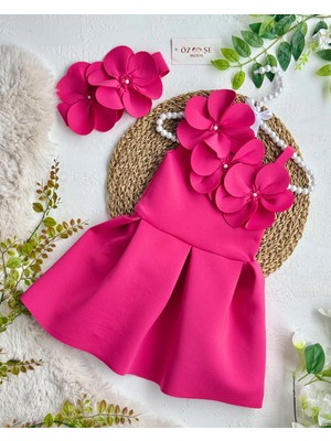 Scuba Tek Omuz Çiçekli Fuşya Elbise