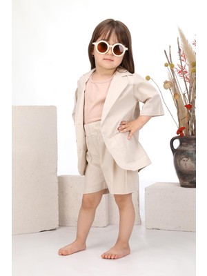 Bej Renk 3'lü Ceket-Bluz-Şort Takıım