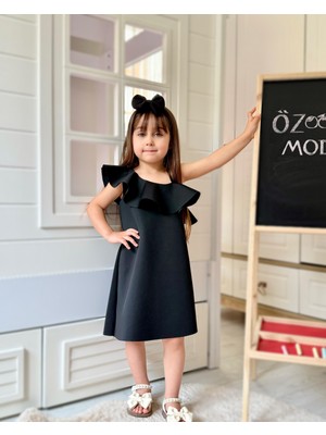 Siyah Fırfırlı Tek Omuz Elbise