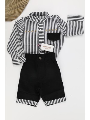 Krem Rengi Şort Pantolon Metalik ve Çizgi Detaylı Gömlek