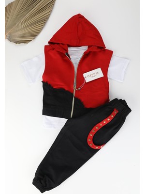 Siyah Kargo Paça Pantolon Tişört Kırmızı Yelekli Takım