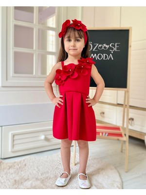 Scuba Tek Omuz Çiçekli Kırmızı Elbise