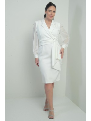 Kadın Kruvaze Yaka Kolları Şifon Boncuklu Bel Detaylı Kendinden Telalı Yarım Astarlı Büyük Beden Elbise