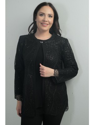 Kadın Uzun Kollu Bluz Pul Işlemeli Dantel Ceket Büyük Beden 2'li Takım