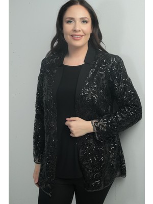 Kadın Pullu Tül Ceket Likralı Uzun Kol Bluz Büyük Beden 2'li Takım