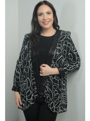 Kadın Önü ve Kol Ucu Pulpayet Detaylı Soyut Desenli Şifon Ceket Uzun Kollu Likralı Bluz Büyük Beden 2'li Takım