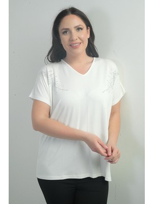 Kadın Omuzu Taş Baskılı V Yaka Yarasa Kol B.b. Bluz