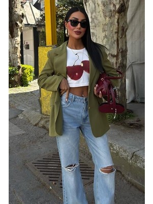 Uzun Kollu ve Düğme Kapamalı Kruvaze Yakalı Oversize Blazer Kadın Keten Ceket Haki