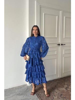 Gökyüzü Moda Saks Valonlu Şeritli Kat Kat Elbise