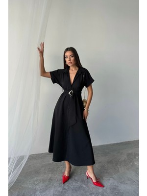 Gökyüzü Moda Önden Düğmeli Crushlı Modal Elbise - Siyah