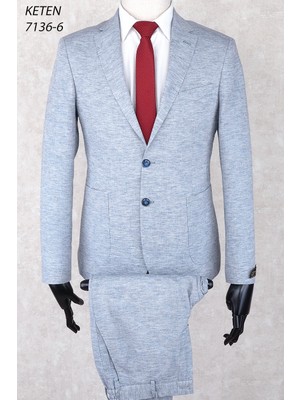 Keten Torba Cep Ipli Lastikli Pantolon  Slim Fit Mono Yaka-Çift Yırtmaç Astarsız Drop 6  Takım Elbise