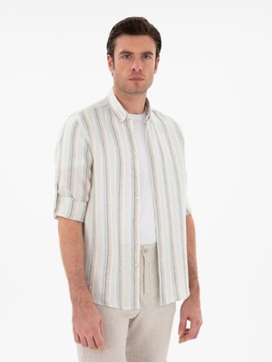 Cacharel Erkek Açık Mavi Slim Fit Çizgili Yakası Düğmeli %100 Keten Gömlek 50300429-VR003