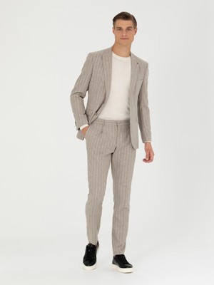 Cacharel Erkek Bej Slim Fit Yün Kaşmir Karışımlı Çizgili Klasik Ceket 50272614-VR011