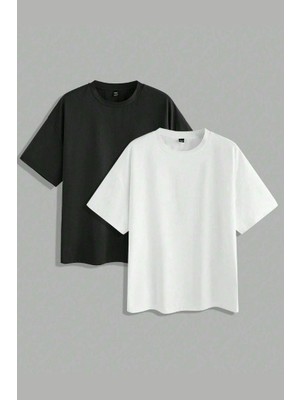 2 Adet Siyah ve Beyaz Renk Bisiklet Yaka Oversize Tişört