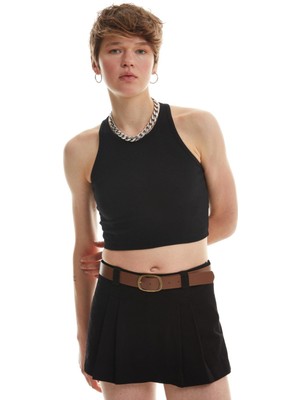 Quzu Halter Yaka Crop Atlet  - Siyah Siyah - S