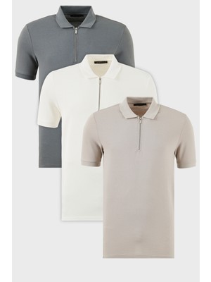Buratti Pamuklu Regular Fit Yarım Fermuarlı 3'lü Paket Polo Yaka T Shirt Erkek Polo Yaka T Shirt 5902915S3