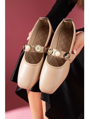 Ayakcity Inci ve Mühür Aksesuar Bantlı Günlük Babet - Vizon - 36