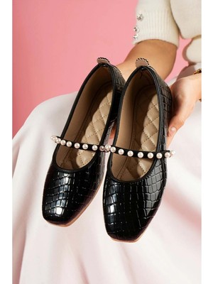 Kroko Desenli Inci Bant Aksesuarlı Babet - Pudra - 38