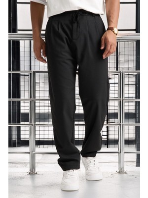 Önü Çift Pileli Fermuarlı Beli Lastikli Jogger Erkek Pantolon - Siyah