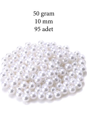 50 Gram 10MM Beyaz Renk Plastik Inci Boncuk Çanta ve Takı Yapım Boncuğu (~95 Adet)
