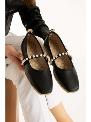 Ayakcity Kadın Cilt Incili Babet Ev ve Dış Mekan Ayakkabısı - Siyah - 36