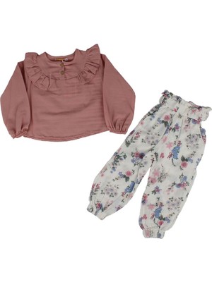 Kız Çocuk Somon Beyaz Çiçekli Pantolonlu Fırfırlı Müslin 2'li Takım - 1015590