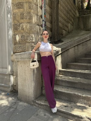 Yüksek Bel Palazzo Metal Düğme  Pantolon