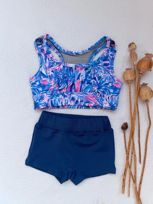 Kız Çocuk , Genç  Yıldız Çiçeği Desenli Sırtı Tül Detaylı Bikini Takımı