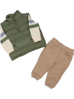 Erkek Bebek Yeşil Bej Şişme Yelekli Önü Kapalı Cepli 3'lü Takım - 1015476