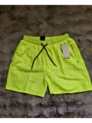 Neon Yeşil Renk Paraşüt Kumaş Su Tutmayan Çepli  Yetişkin Erkek Deniz Şortu