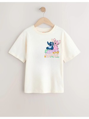 Little Aden Kız Çocuk Lilo & Stitch  Sırt Baskılı Pamuklu Oversize Kısa Kollu Tişört