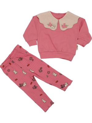 Kız Bebek Pembe Tavşanlı Çiçekli Deseneli Keten Bebe Yakalı Ikili Takım - 1015460