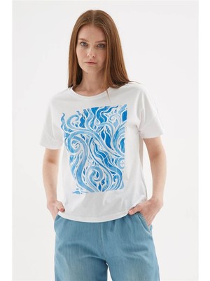 Fashion Friends Baskılı %100 Pamuklu Beyaz Kadın T-Shirt 25Y0468K1