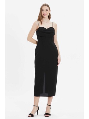 Selen V Yaka Taşlı Siyah Standart Kadın Elbise 25YSL7583