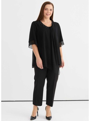 Selen V Yaka Taşlı Siyah Kadın Bluz 25YSL8100