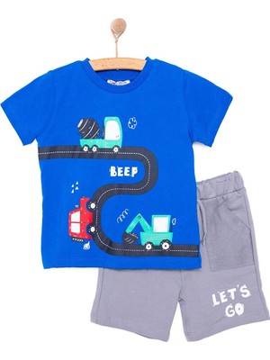 Hellobaby Erkek Bebek Tişört-Şort 2li Takım Cars&roads Bisiklet Yaka Reçme Paça Kısa Kol Koyu Mavi