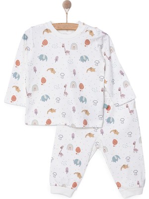 Pambuliq Erkek Bebek Pijama Takımı Interlok Bisiklet Yaka Reçme Paça Uzun Kol Beyaz 6 Ay