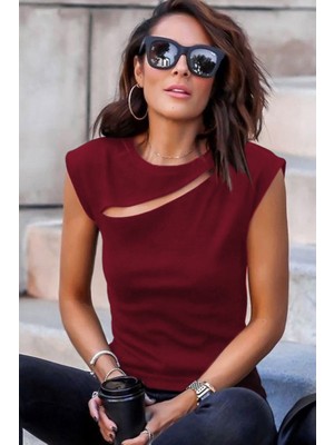 Gökyüzü Moda Kadın Sıfır Kol Pencere Detay Viskon T-Shirt
