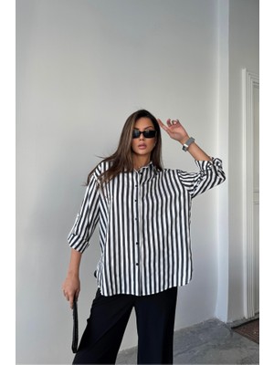 Gökyüzü Moda Çizgili Gömlek  Keten - Siyah