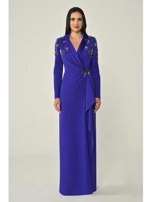 Uzun Kollu Yakası Uzun Krep Abiye Elbise Alfa Beta