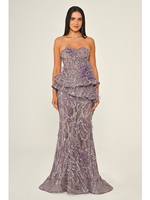 Straplez Volanlı Payet Uzun Abiye Elbise Alfa Beta