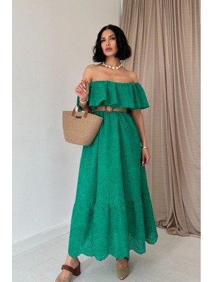 Gökyüzü Moda Yeşil Omzu Lastikli Brode Elbise