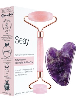 Seay Pembe Kuvars Face Roller Ve Ametist Kalp Gua Sha Yüz Masaj Aleti Seti Değerli Doğaltaş Sertifikalı