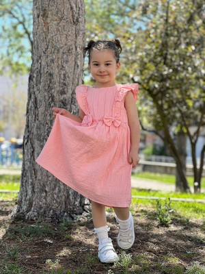 Kız Çocuk Fiyonk Detaylı Astarlı Müslin Elbise