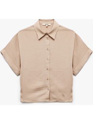 Koton Aerobin Kumaş Kısa Kollu Klasik Yaka Saten Oversize Gömlek