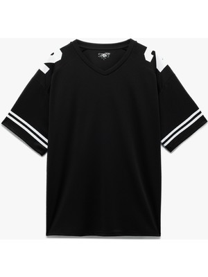 Koton Bisiklet Yaka Yarım Kollu V Yaka Arkası Baskılı Oversize Tişört