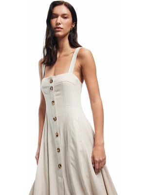 Koton Keten Karışımlı Düğmeli Uzun Kare Yaka Askılı Elbise