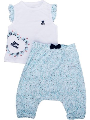 Kız Bebek Beyaz Su Yeşili Kalp Baskılı Yaprak Desenli 2' Li Takım - 1014331