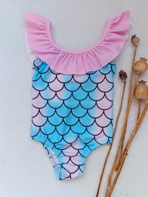 Kız Çocuk Fırfır Detaylı Deniz Kızı Desenli Mayo